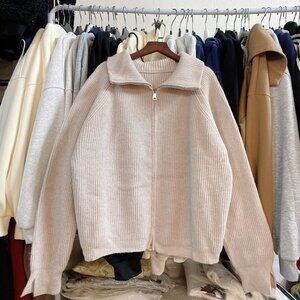 Cozy Ribbed Knit Half Zip Sweater Cream Pullover